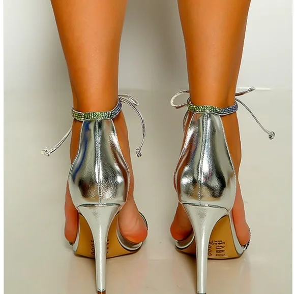 Women's Silver Rhinestone Front Tie Lace Up Detail Single Sole High Heels - Picture 2 of 5